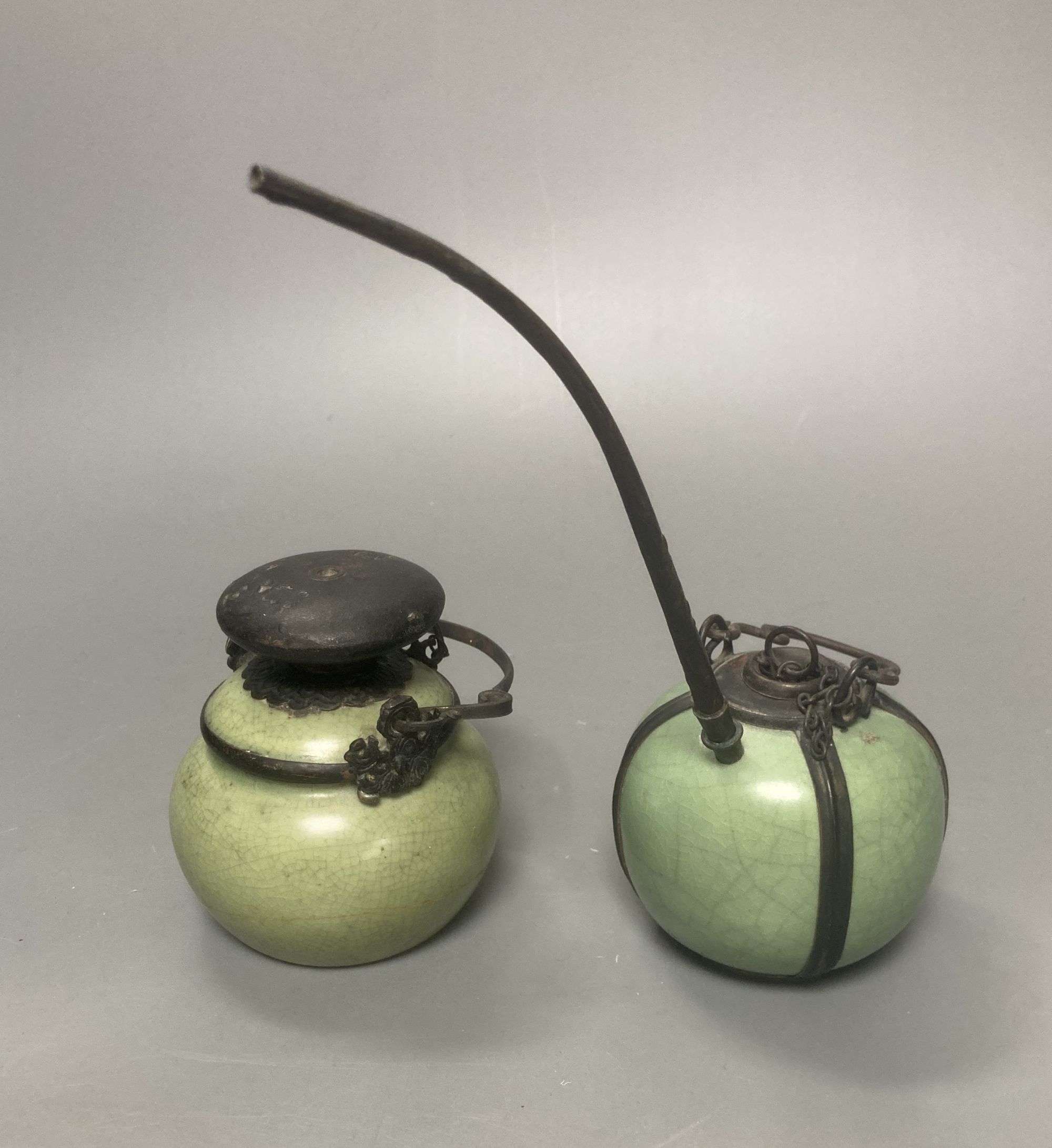 A Chinese celadon glazed water pipe and another 20cm total